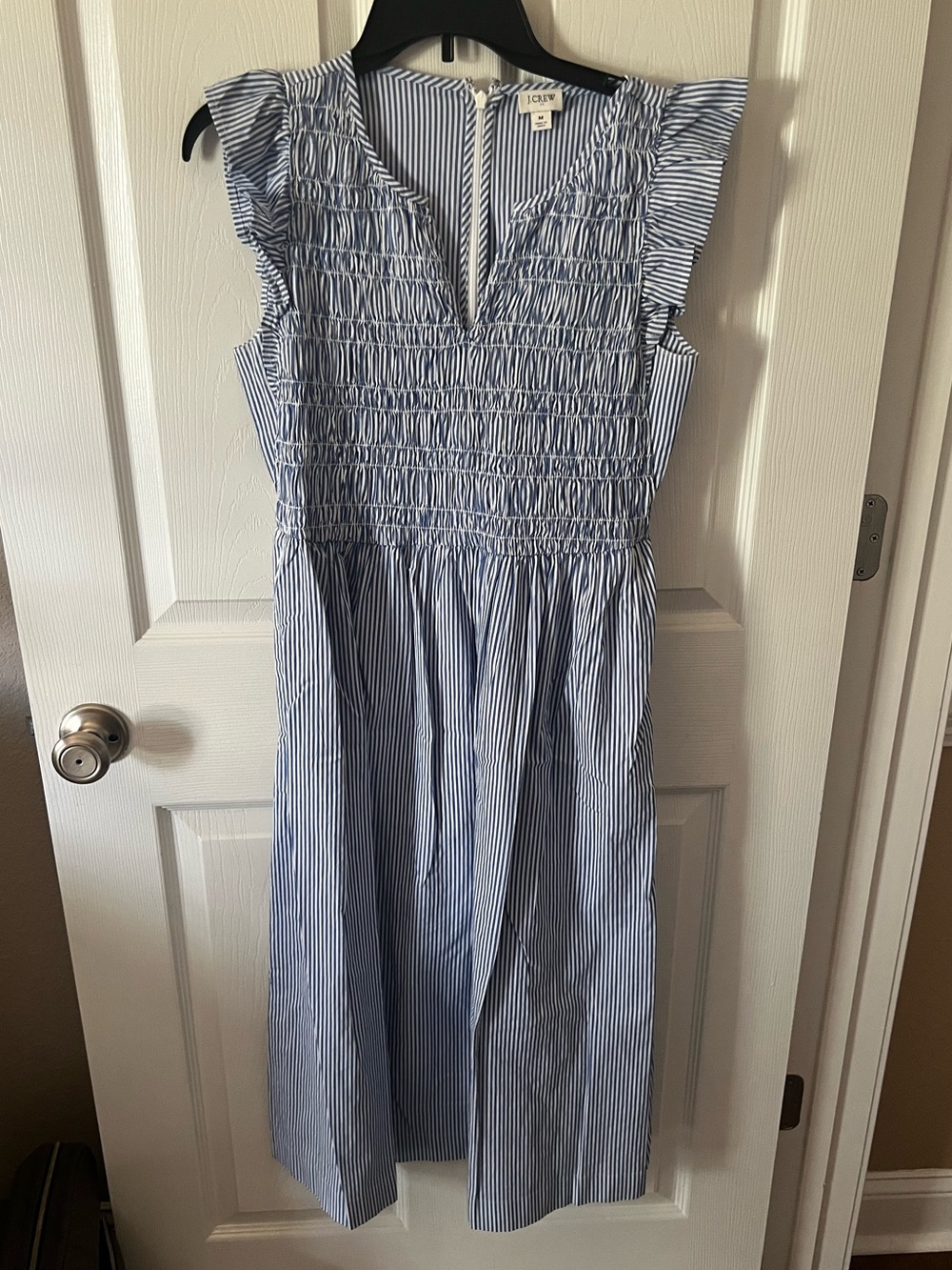 J. Crew Light Blue & White Striped Smocked Midi Dress